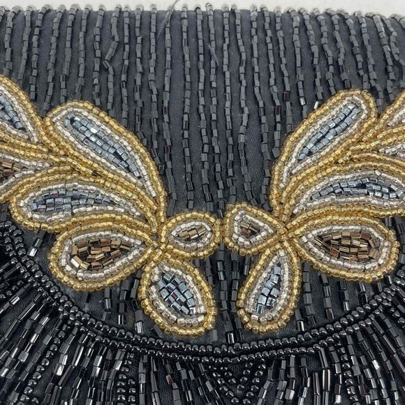 Vintage Beaded Snap Flap Corded Strap Clutch Shoulder Bag Black Small Flapper - Picture 5 of 14